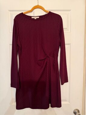 LOFT Long-Sleeve Ribbed Knot Dress in Burgundy
